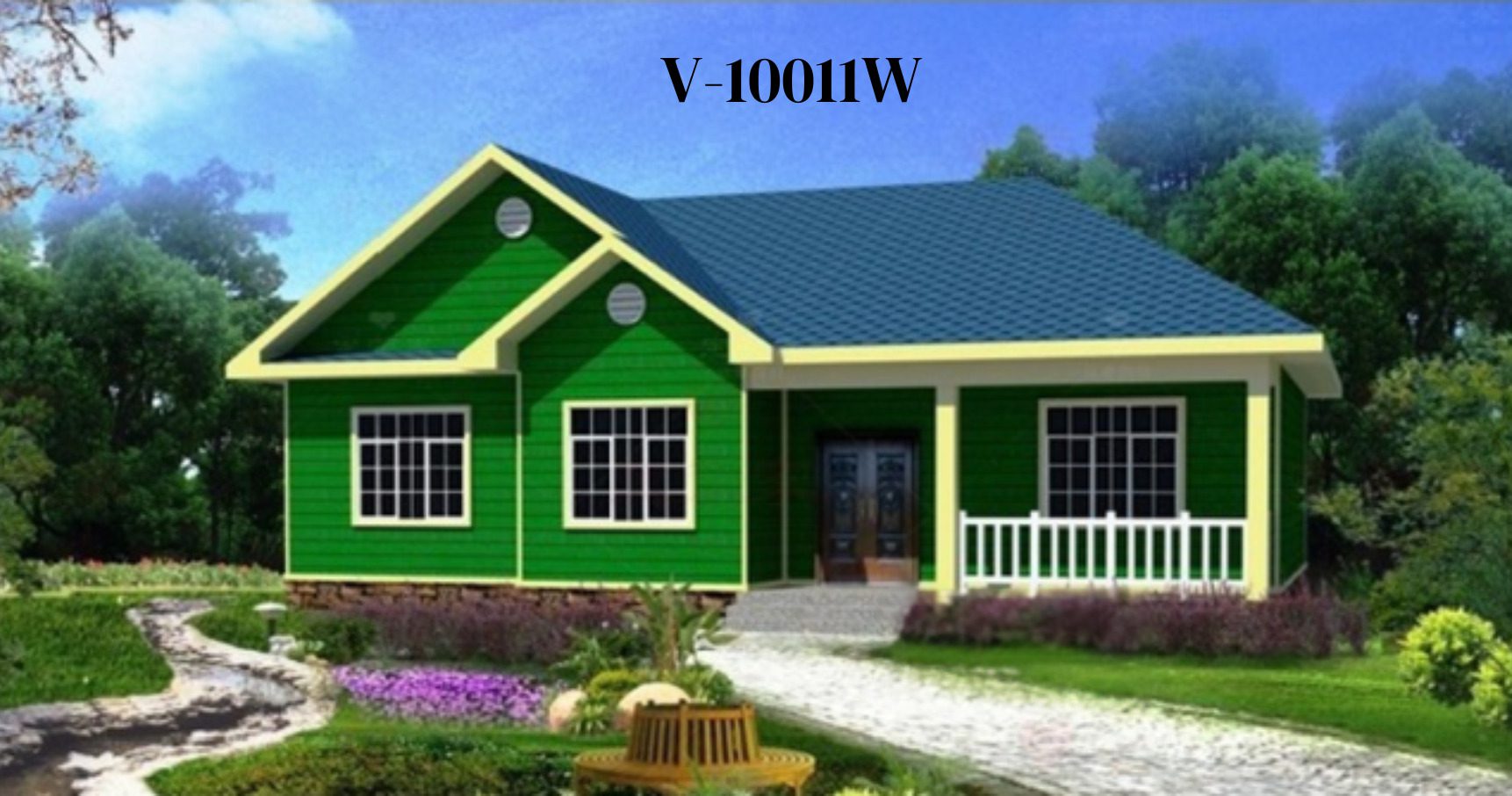 A green house with a yellow roof and blue walls