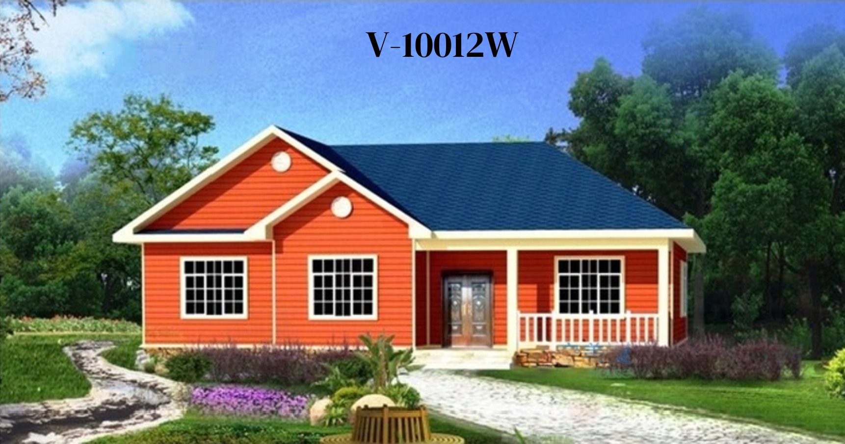 A red house with blue roof and white trim.