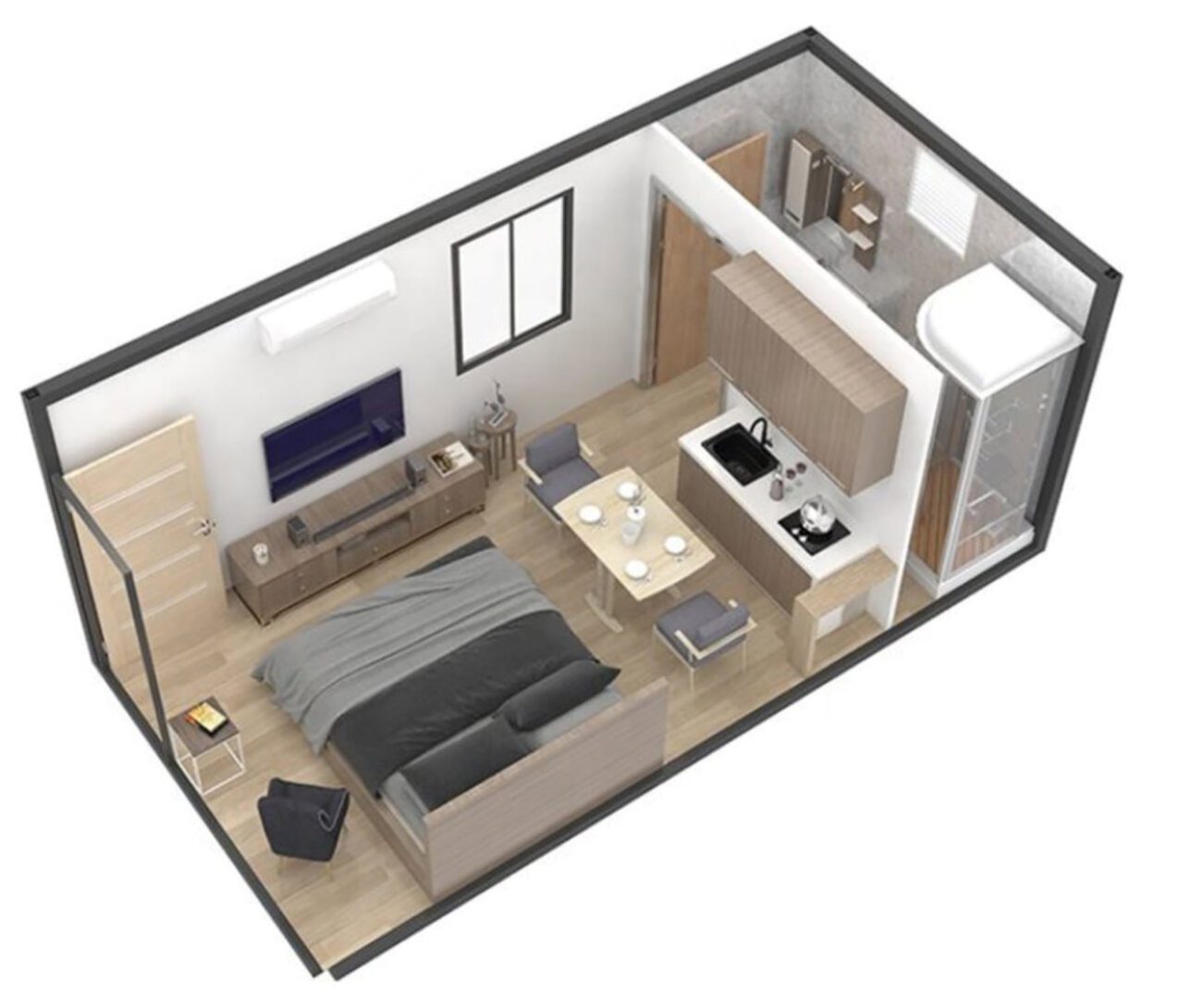 A 3 d rendering of an apartment with furniture and furnishings.