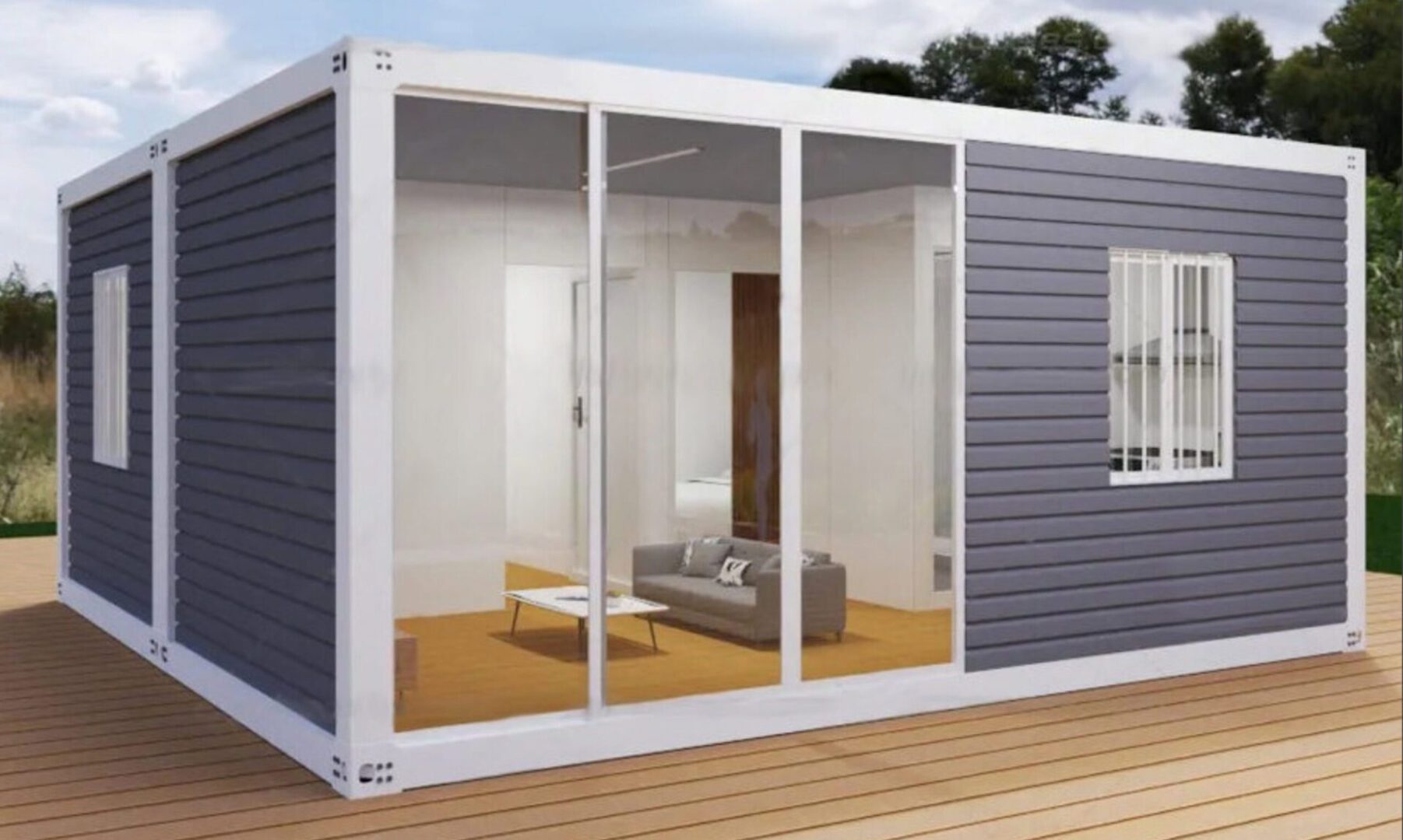 A modern container home with sliding glass doors.