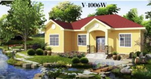 A yellow house with a pond and trees in the background.