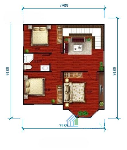 A floor plan of a house with two beds and a living room.