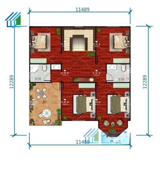 A floor plan of a room with two beds and three chairs.