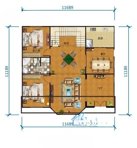 A floor plan of a house with three rooms.