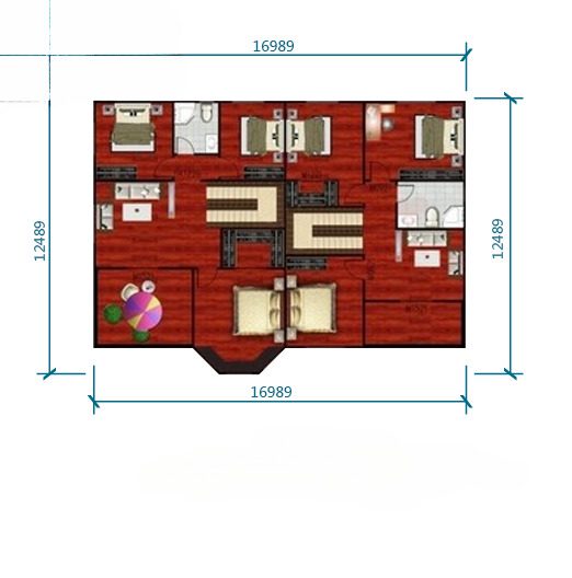 A floor plan of a room with four beds.