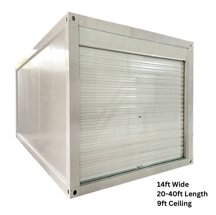 A large white container with a roller shutter door.