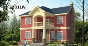 A red two story house with a balcony and a porch.