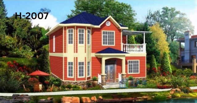 A red house with blue roof and white trim.