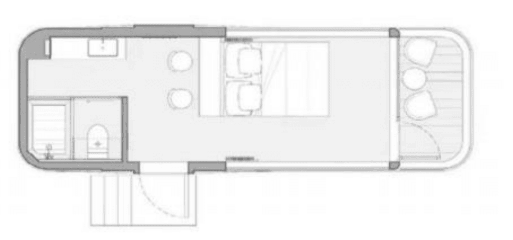 A floor plan of a room with two beds.