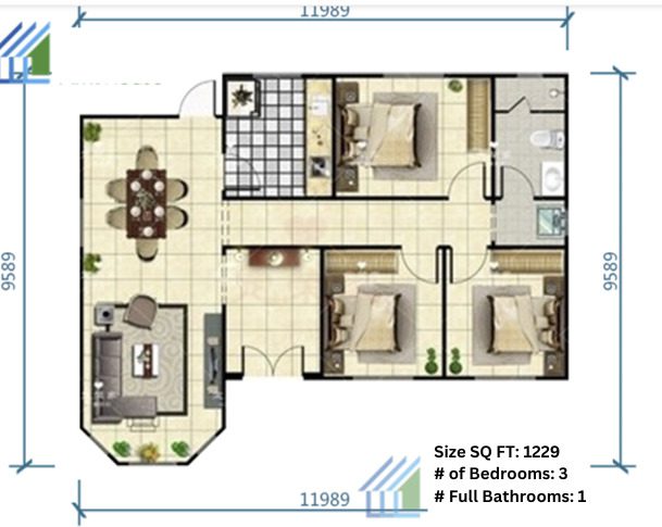 A floor plan of a house with furniture and a table.