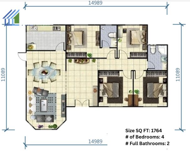 A floor plan of a house with two bathrooms.