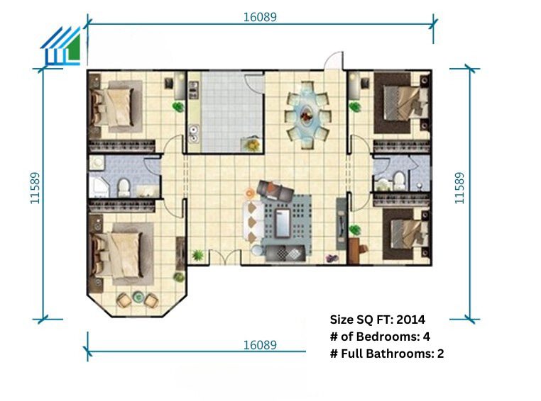 A floor plan of a room with furniture and appliances.