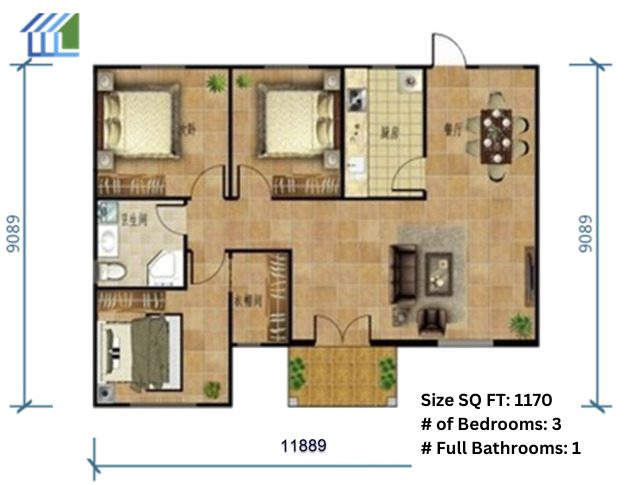 A floor plan of a two bedroom apartment.