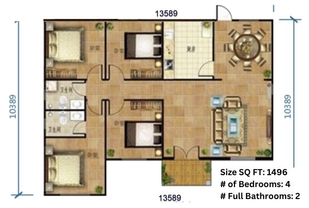 A floor plan of a bedroom with a full bath.