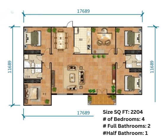 A floor plan of a house with four rooms.