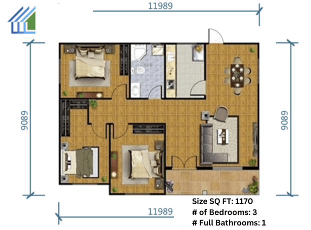 A floor plan of a house with furniture.