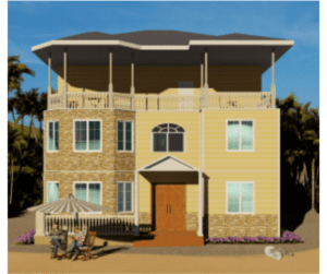 A rendering of the front of a house with a patio umbrella.