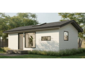 A small white house with black trim and windows.