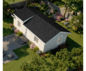 A house with black roof and white walls.