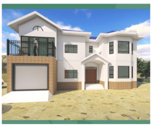 A 3 d image of a house with a person standing on the balcony.