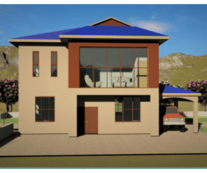 A 3 d rendering of a house with blue roof.